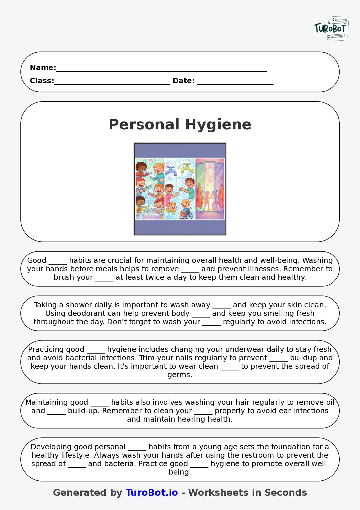 Year 7 Family and Consumer Science Fill in the Blanks Worksheet – Personal Hygiene Habits