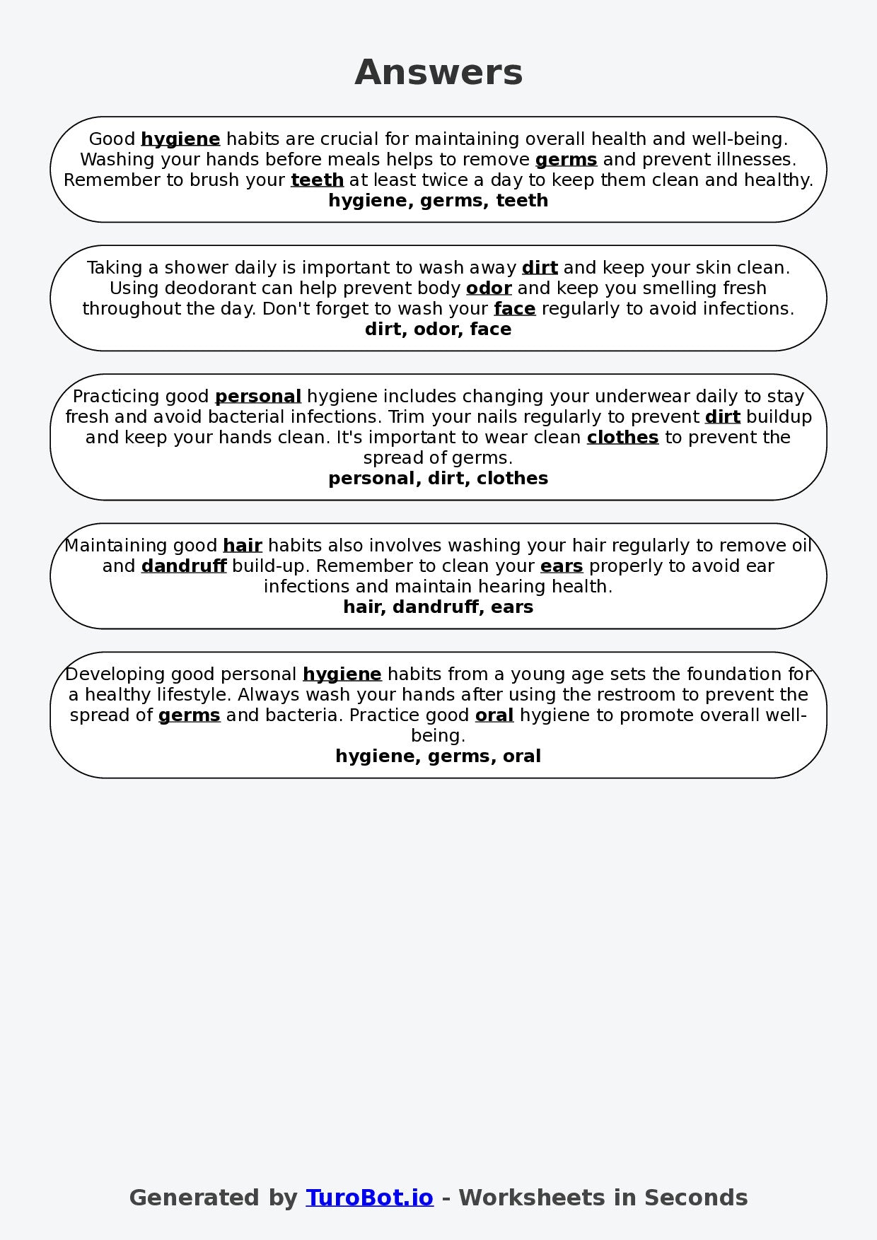 Year 7 Family and Consumer Science Fill in the Blanks Worksheet – Personal Hygiene Habits