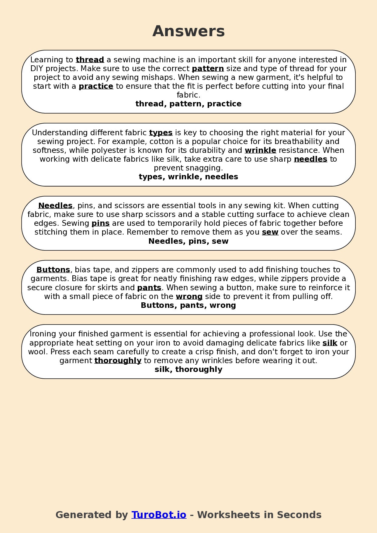 Year 7 Family and Consumer Science Fill in the Blanks Worksheet – Textiles and Clothing Terms