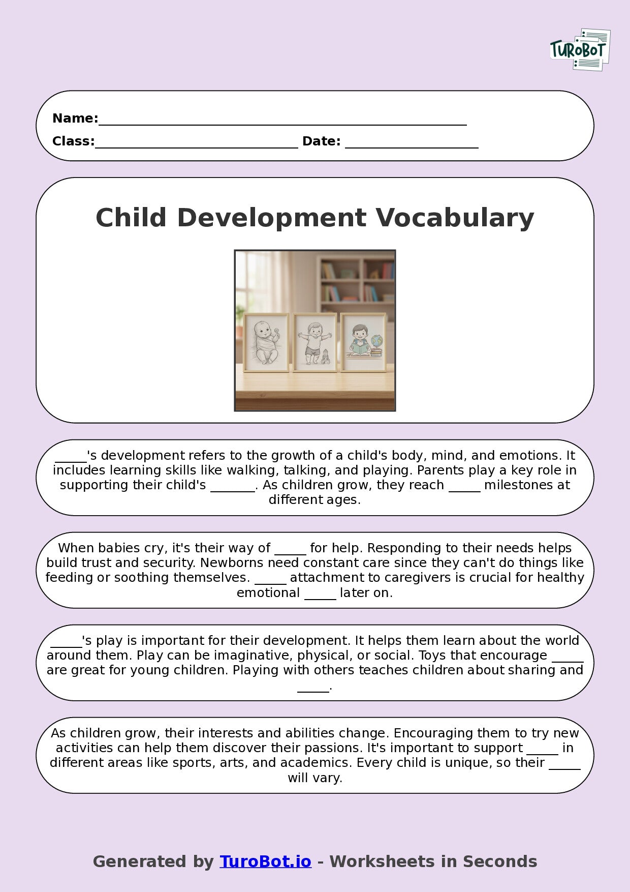 Year 8 Family and Consumer Science Fill in the Blanks Worksheet – Child Development Vocabulary