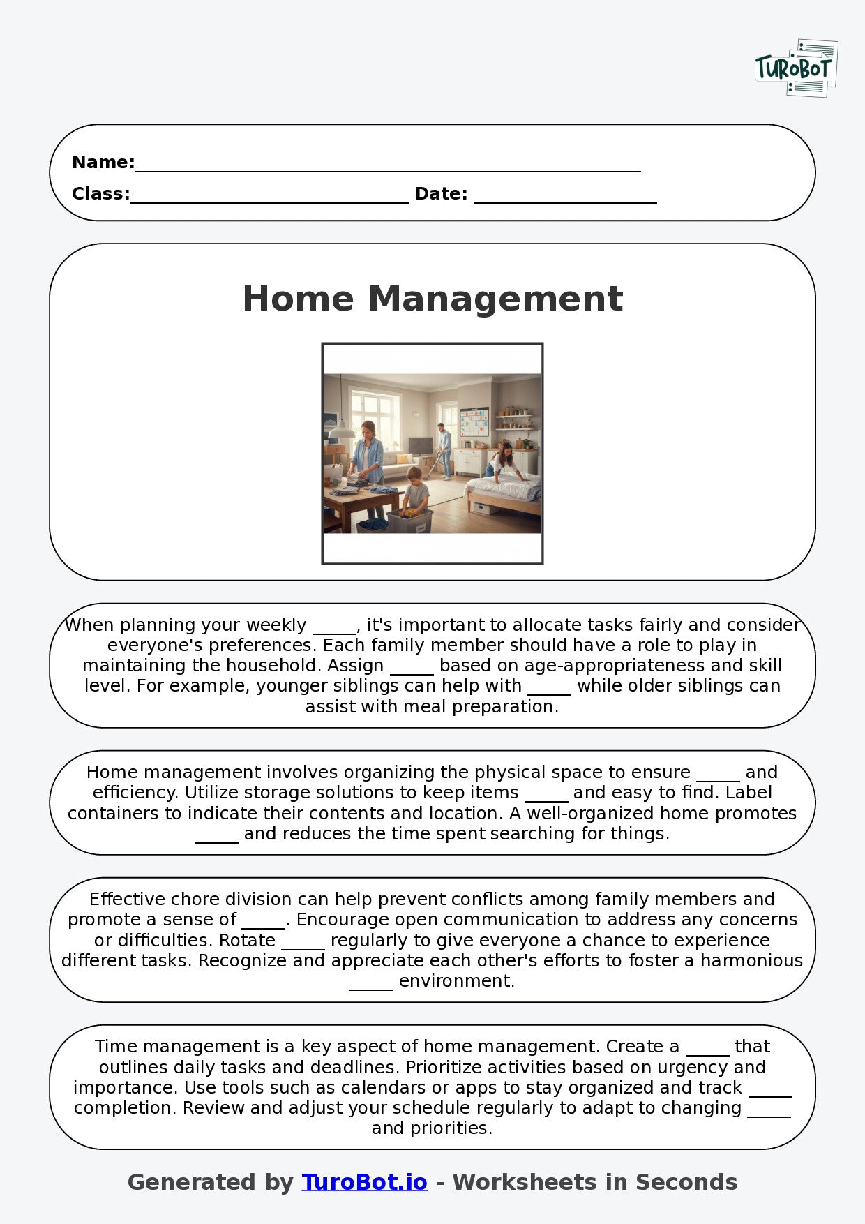 Year 8 Family and Consumer Science Fill in the Blanks Worksheet – Home Management and Chores