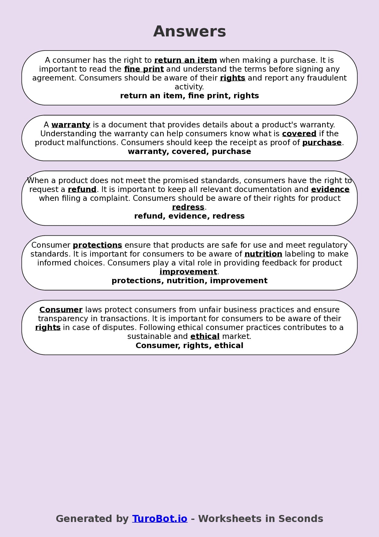 Year 9 Family and Consumer Science Fill in the Blanks Worksheet – Consumer Rights and Responsibilities
