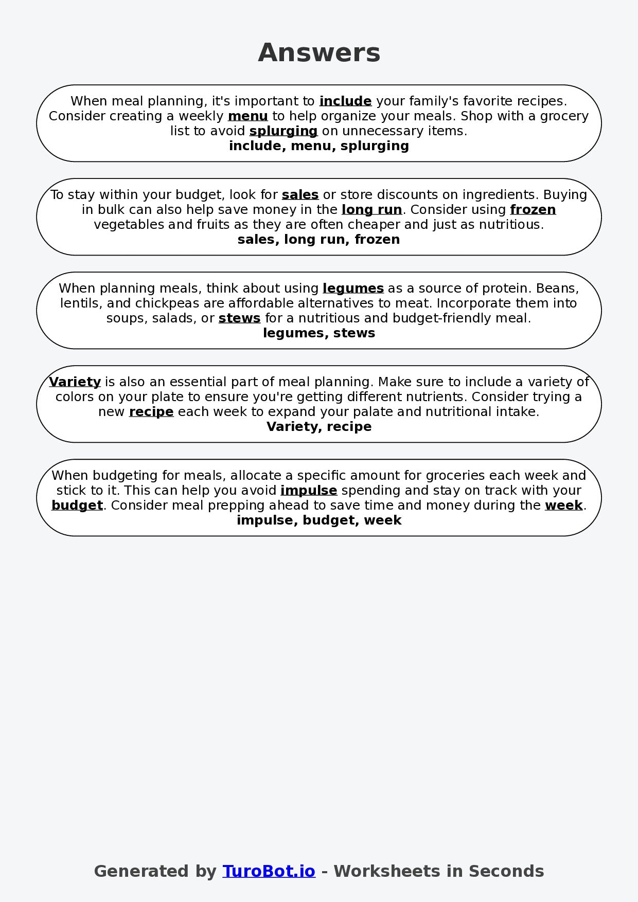 Year 9 Family and Consumer Science Fill in the Blanks Worksheet – Meal Planning and Budgeting