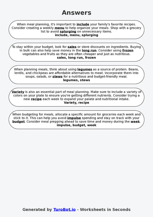 Year 9 Family and Consumer Science Fill in the Blanks Worksheet – Meal Planning and Budgeting