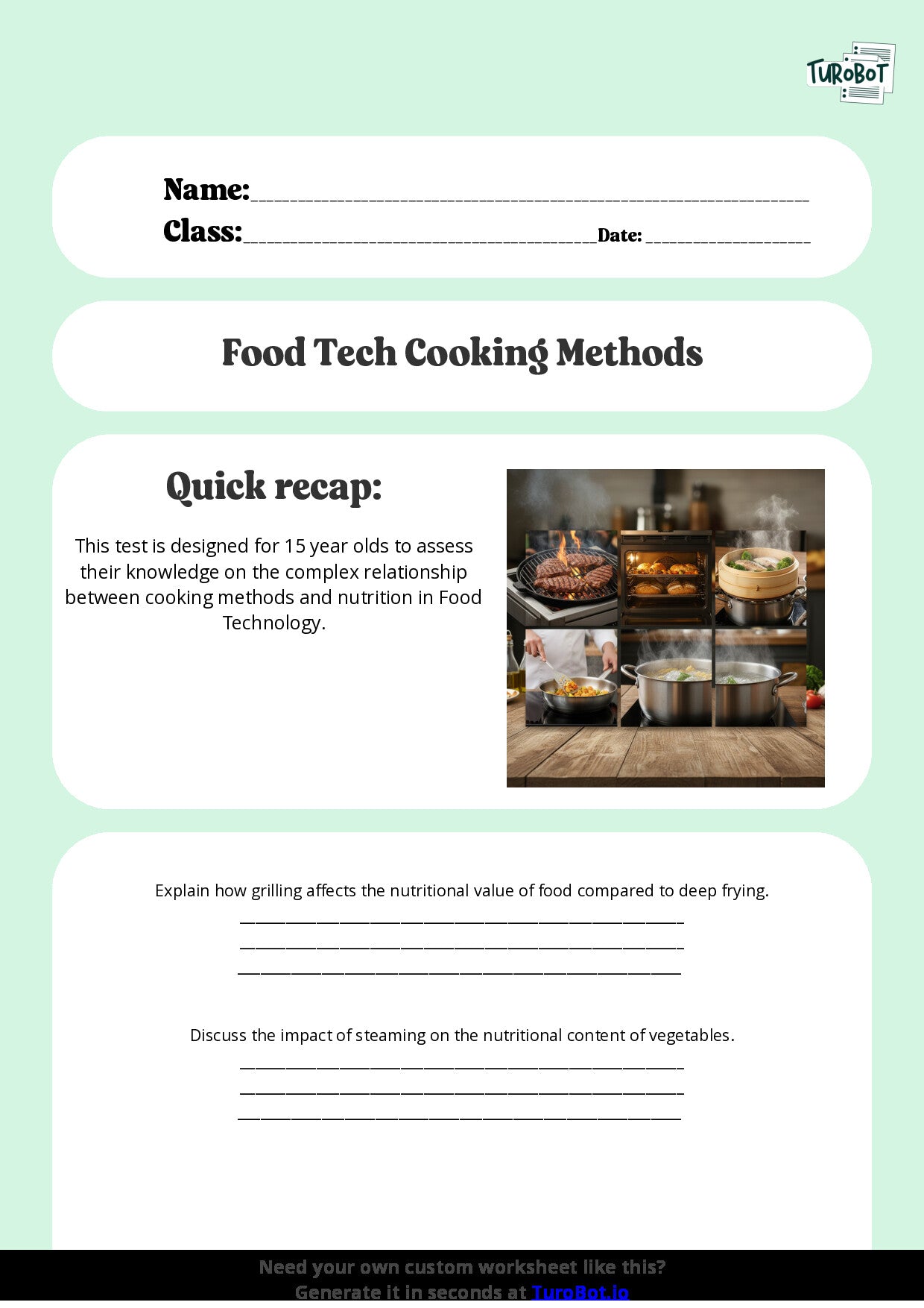 Free Worksheet - Year 10 Food Technology Cooking Methods and Their Effects on Nutrition Short Answer Response