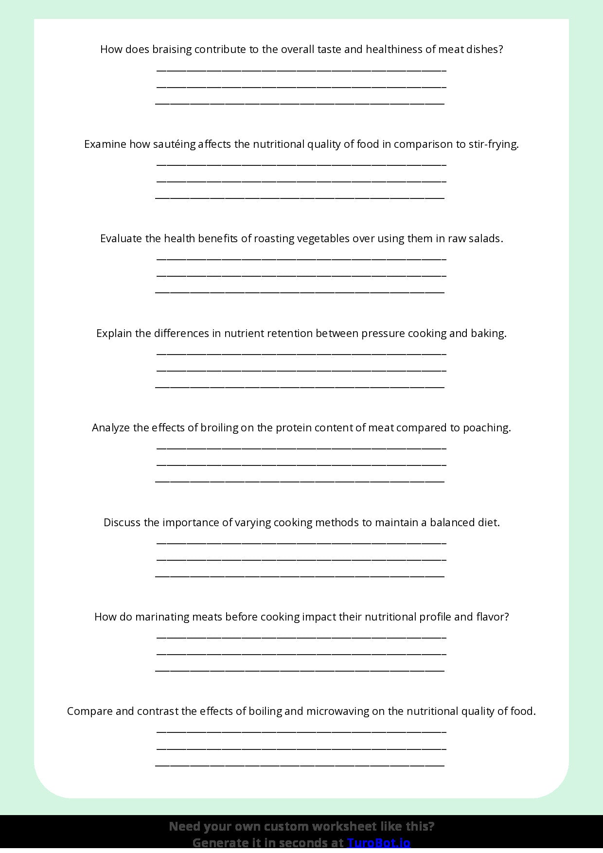 Free Worksheet - Year 10 Food Technology Cooking Methods and Their Effects on Nutrition Short Answer Response