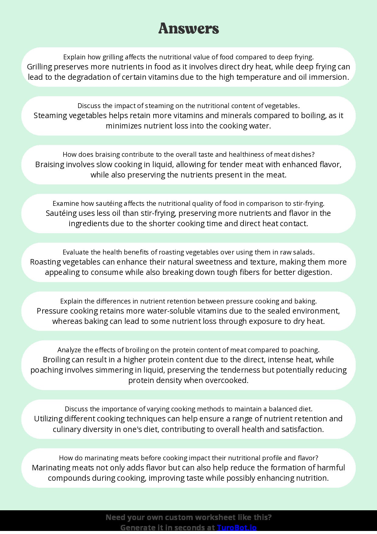Free Worksheet - Year 10 Food Technology Cooking Methods and Their Effects on Nutrition Short Answer Response
