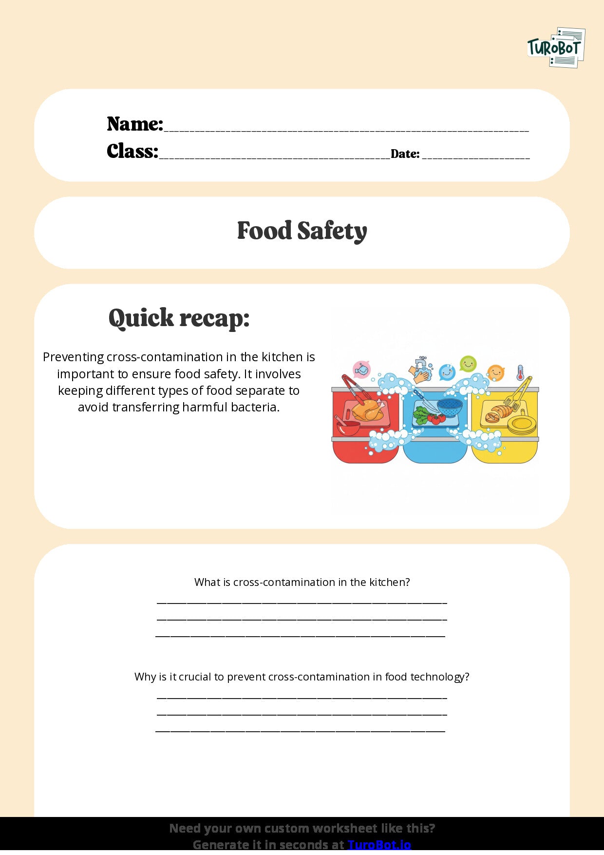 Free Worksheet - Year 6 Food Technology Preventing Cross Contamination in the Kitchen Short Answer Response