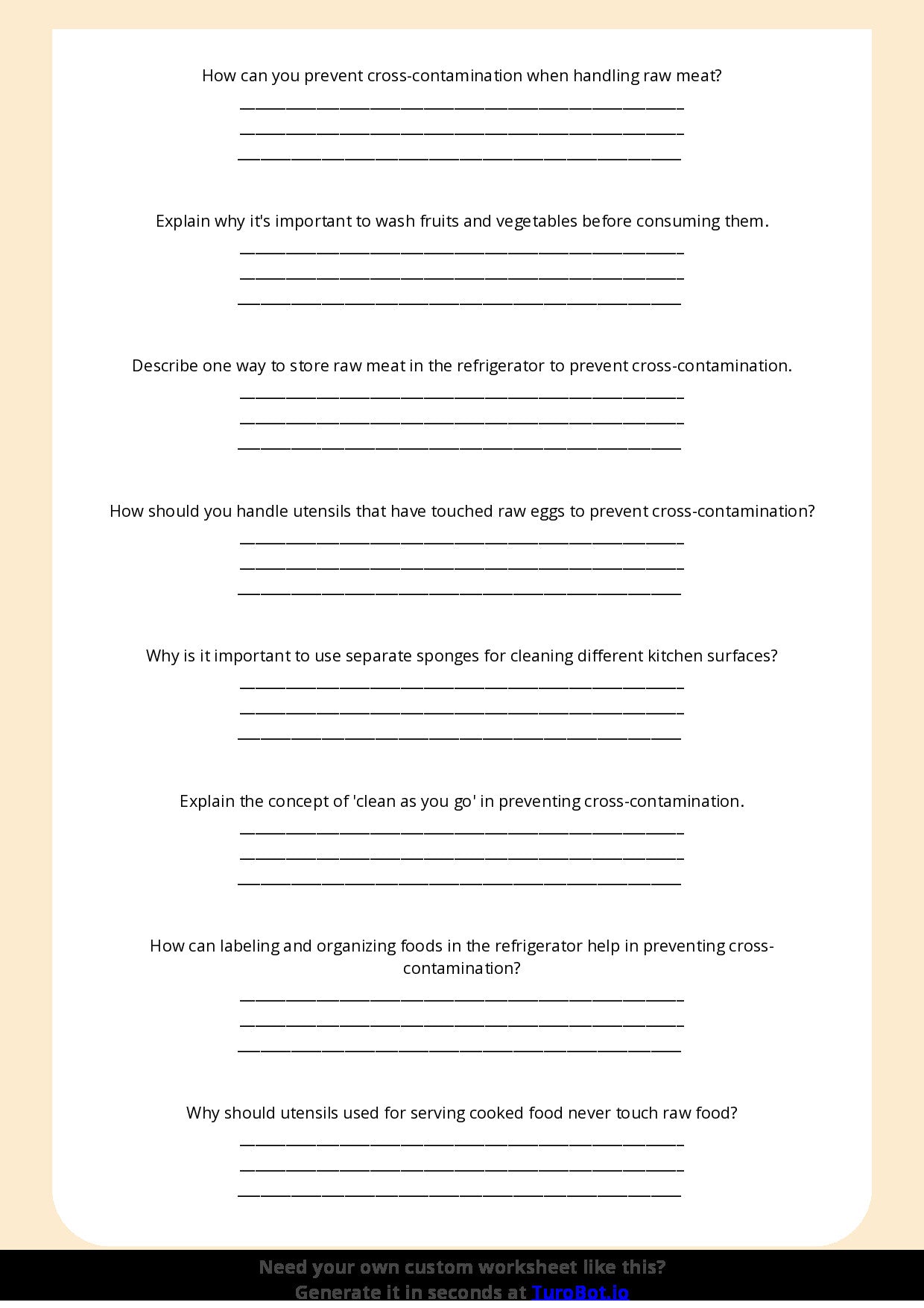 Free Worksheet - Year 6 Food Technology Preventing Cross Contamination in the Kitchen Short Answer Response