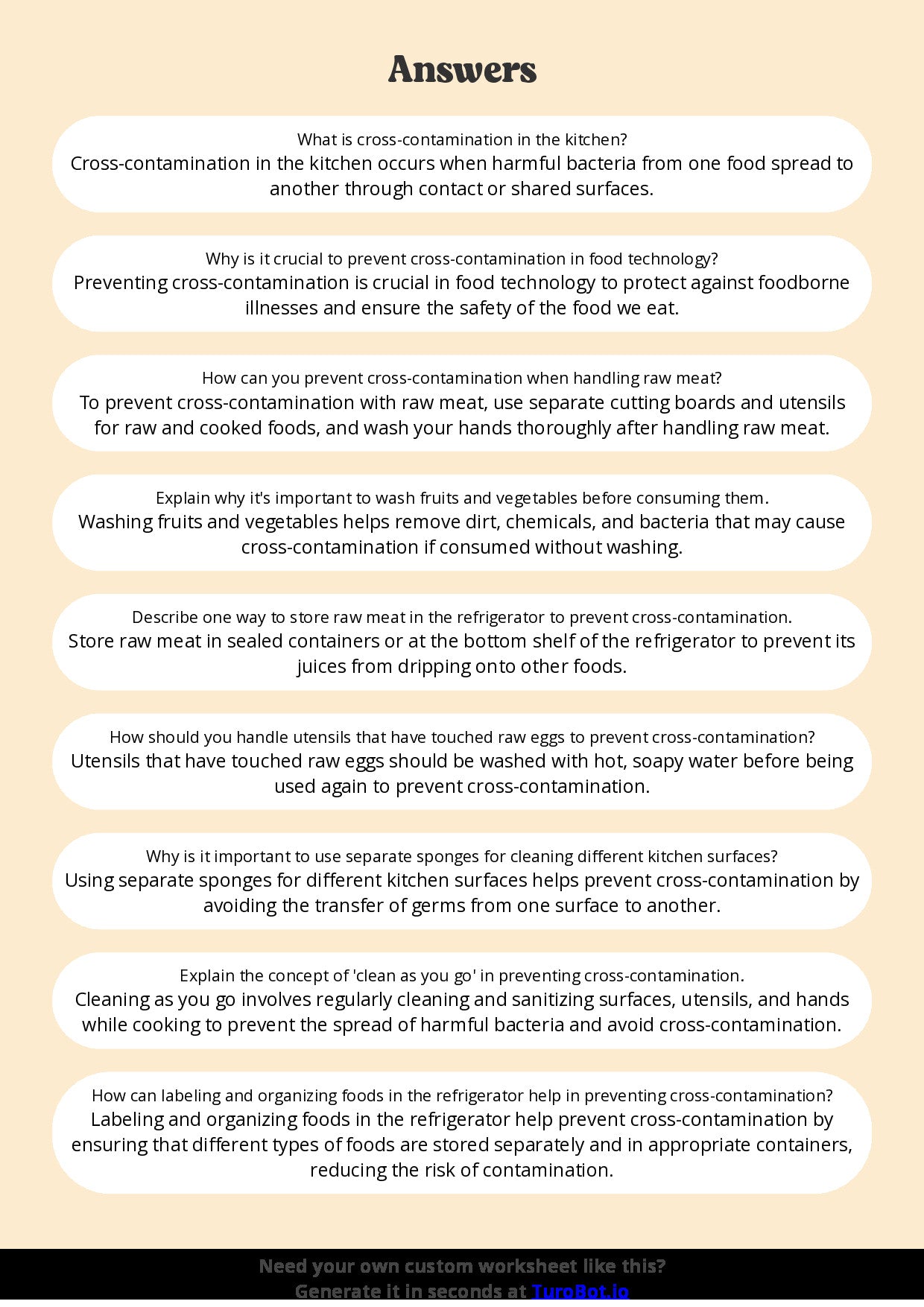 Free Worksheet - Year 6 Food Technology Preventing Cross Contamination in the Kitchen Short Answer Response