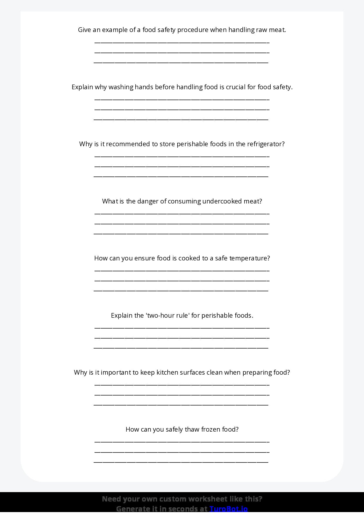 Free Worksheet - Year 6 Food Technology Understanding Food Safety Procedures Short Answer Response