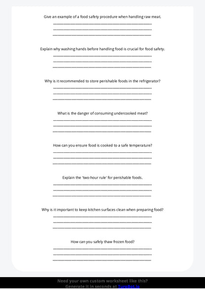 Free Worksheet - Year 6 Food Technology Understanding Food Safety Procedures Short Answer Response