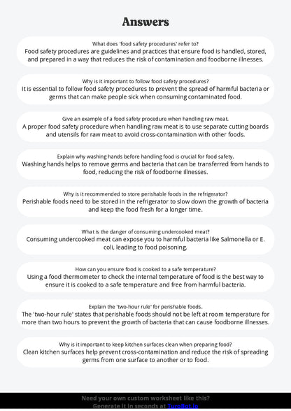 Free Worksheet - Year 6 Food Technology Understanding Food Safety Procedures Short Answer Response