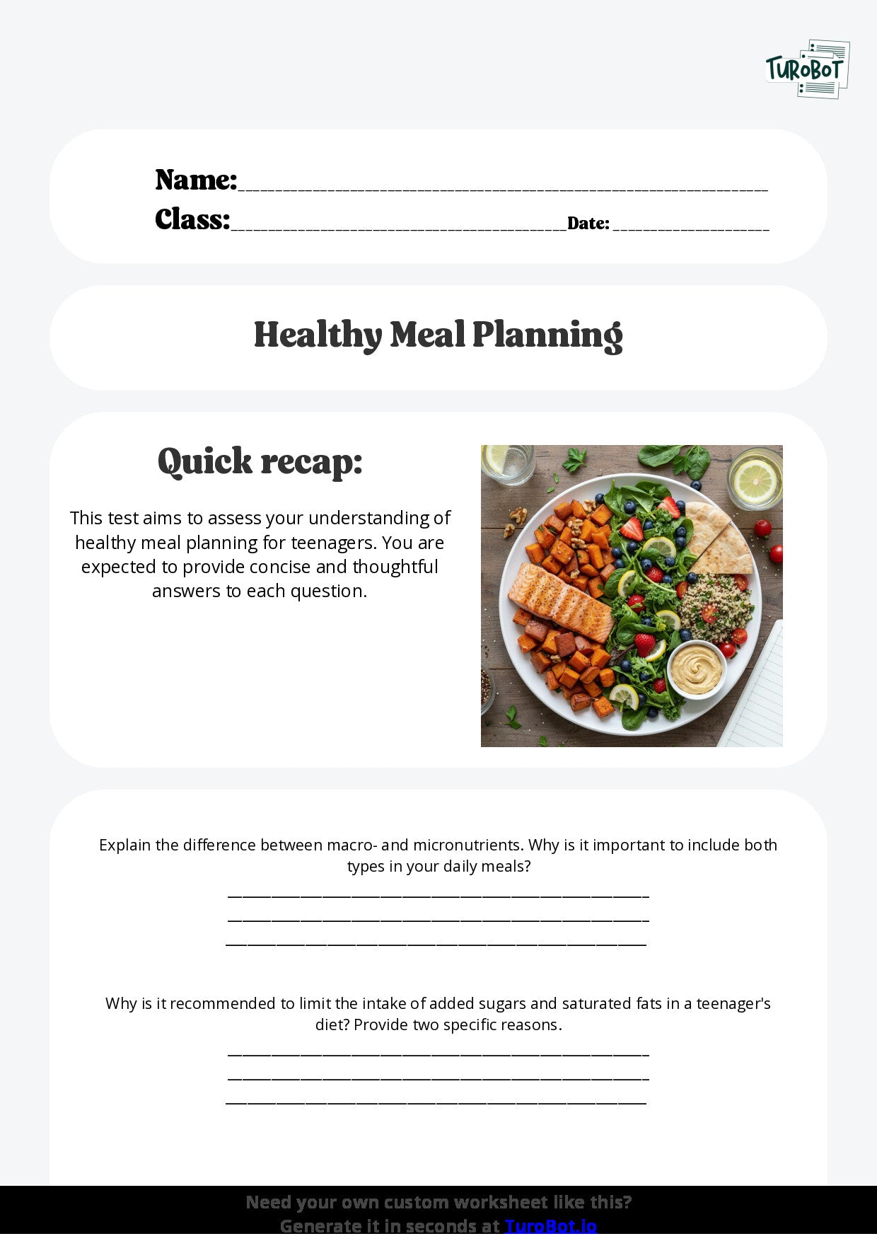 Free Worksheet - Year 9 Food Technology Healthy Meal Planning for Teenagers Short Answer Response