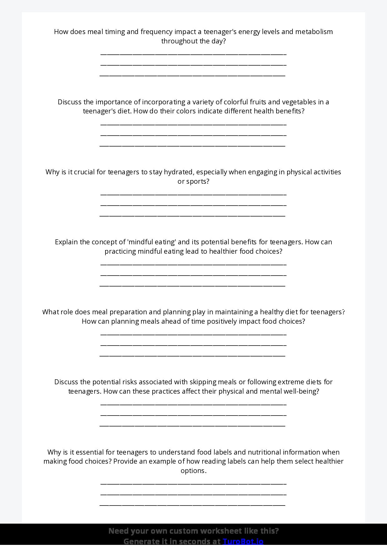 Free Worksheet - Year 9 Food Technology Healthy Meal Planning for Teenagers Short Answer Response
