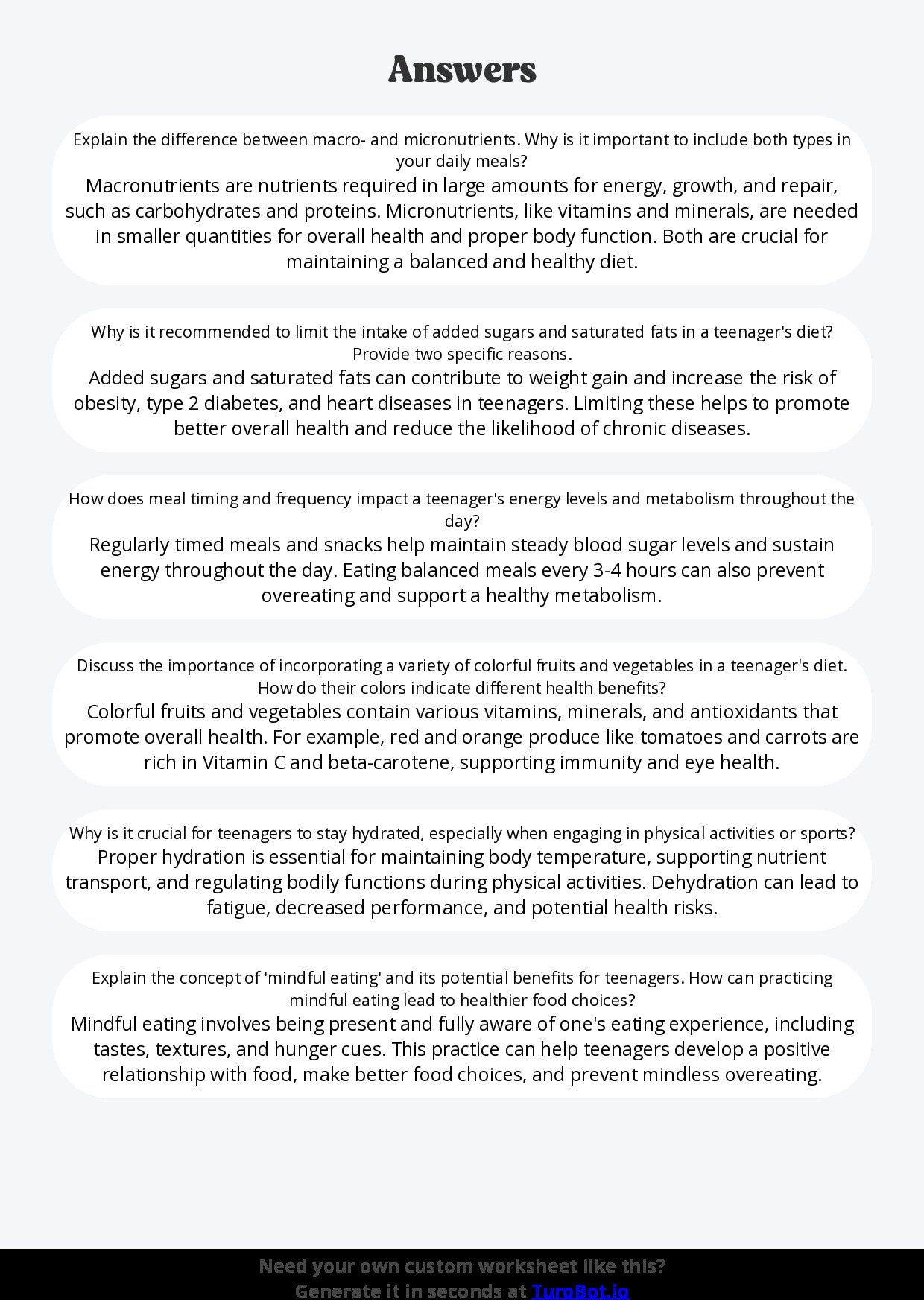 Free Worksheet - Year 9 Food Technology Healthy Meal Planning for Teenagers Short Answer Response