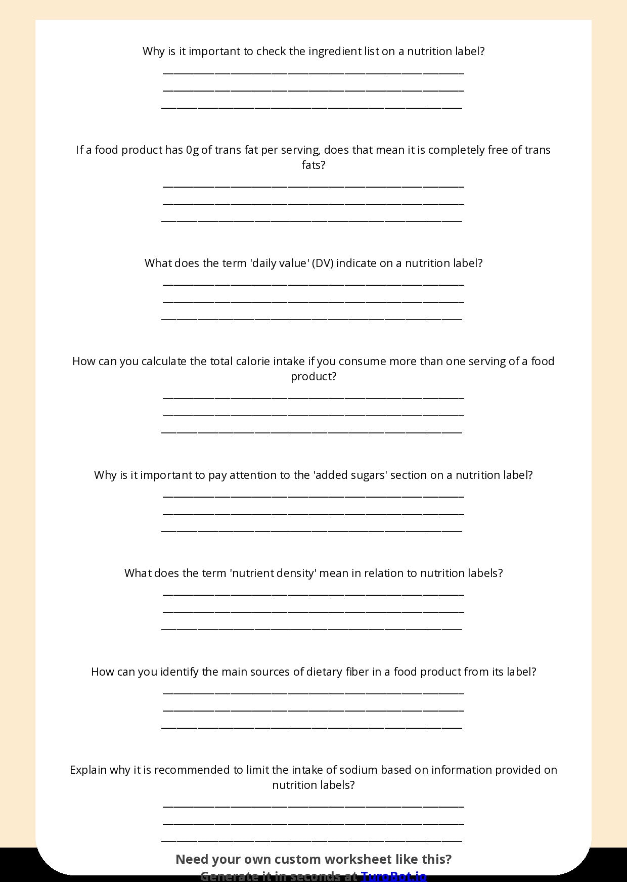Free Worksheet - Year 10 Food Technology Reading and Understanding Nutrition Labels Short Answer Response