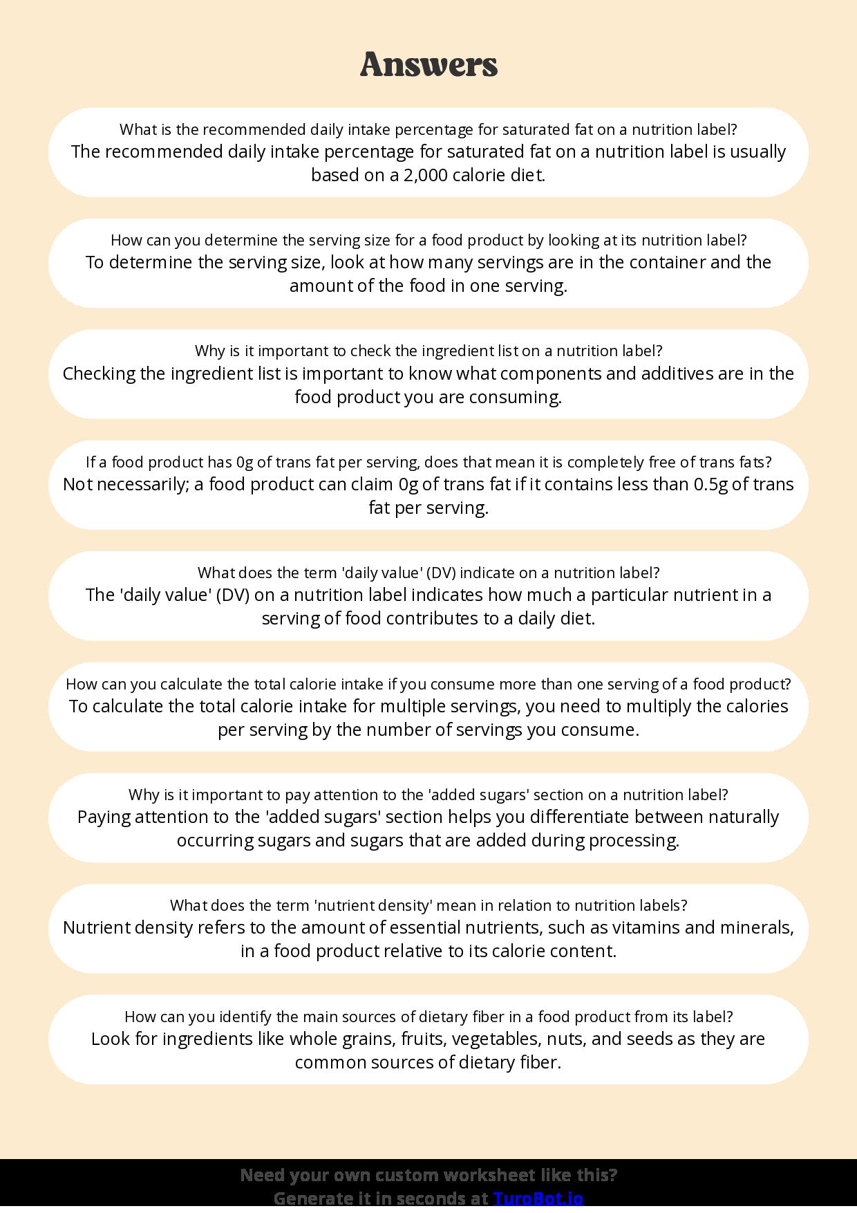 Free Worksheet - Year 10 Food Technology Reading and Understanding Nutrition Labels Short Answer Response