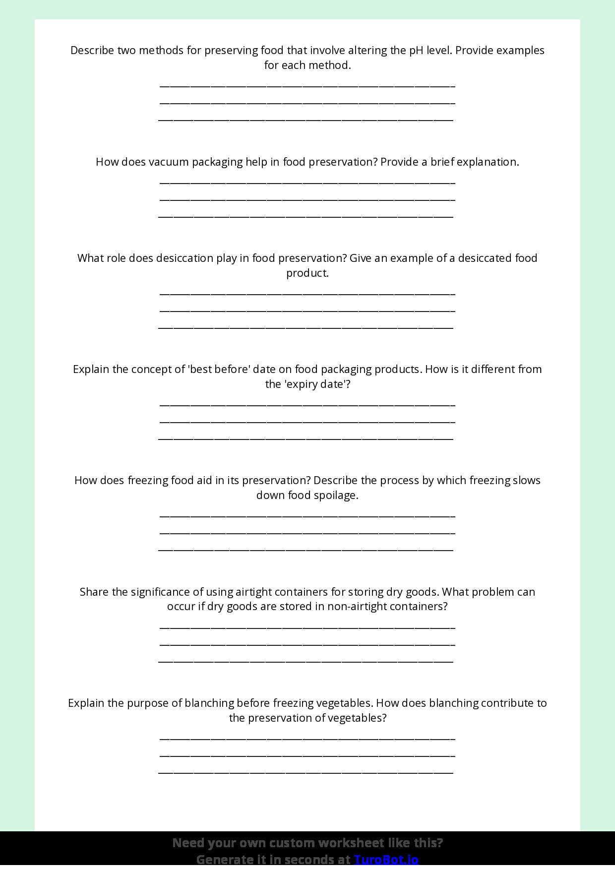 Free Worksheet - Year 8 Food Technology Safe Food Storage and Preservation Short Answer Response