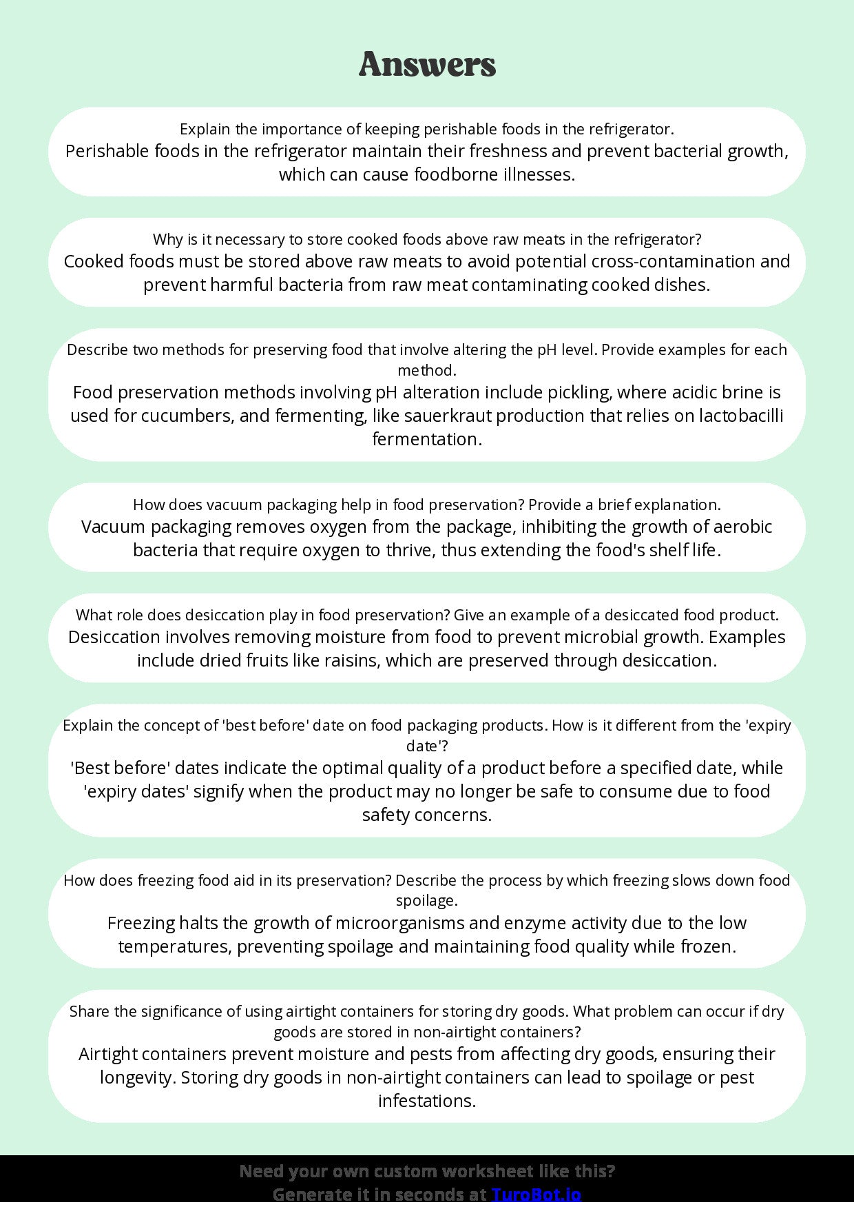 Free Worksheet - Year 8 Food Technology Safe Food Storage and Preservation Short Answer Response