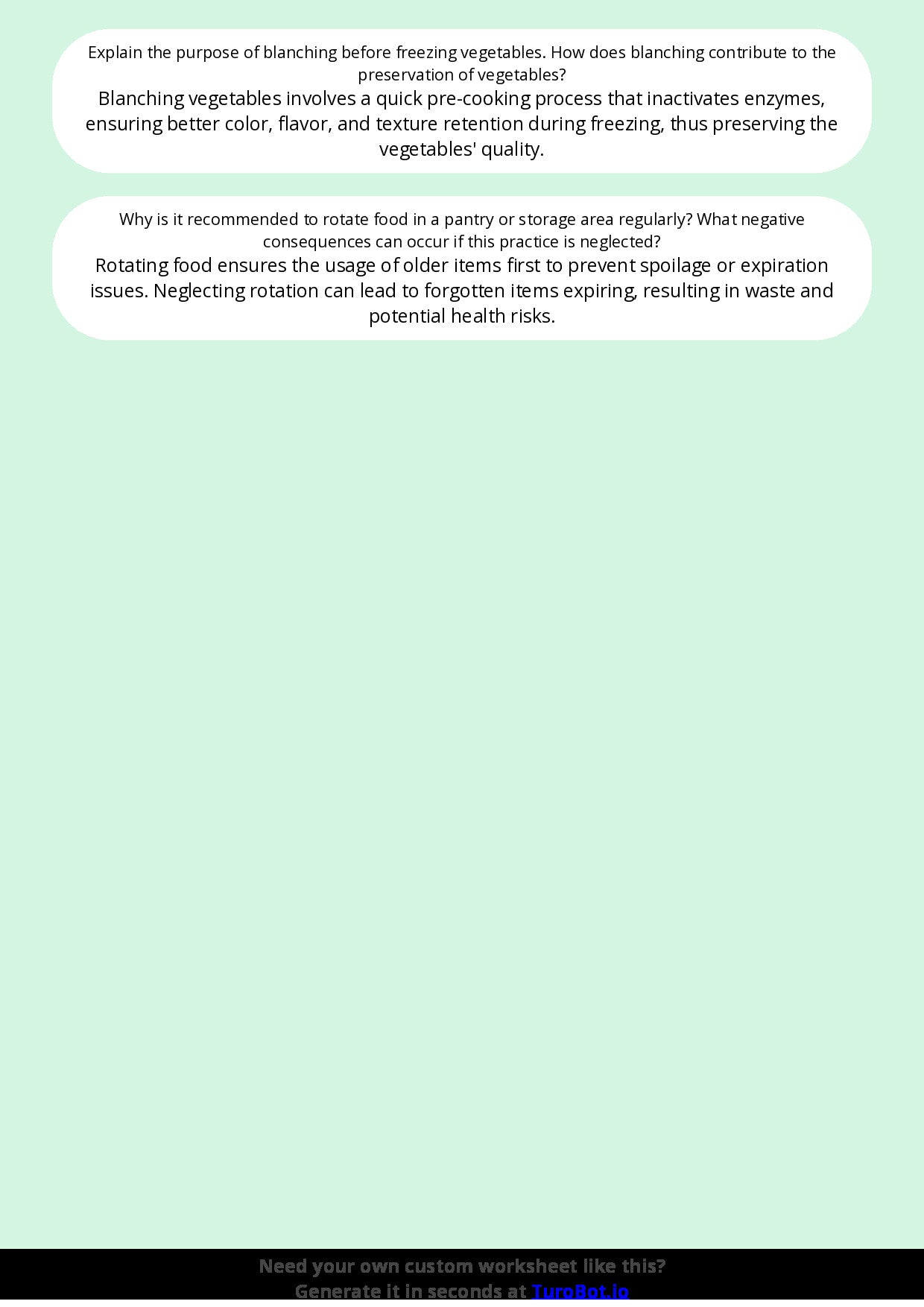 Free Worksheet - Year 8 Food Technology Safe Food Storage and Preservation Short Answer Response