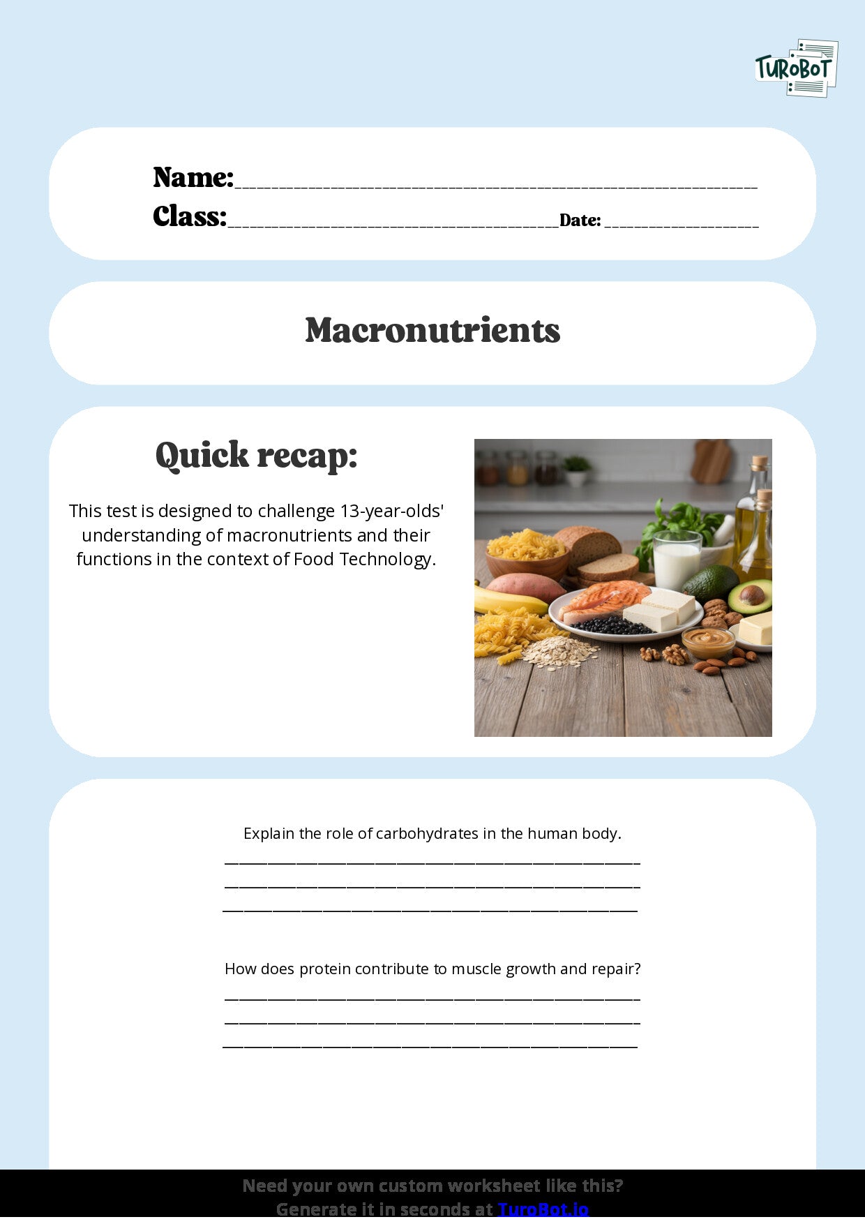 Free Worksheet - Year 8 Food Technology Understanding Macronutrients and Their Functions Short Answer Response
