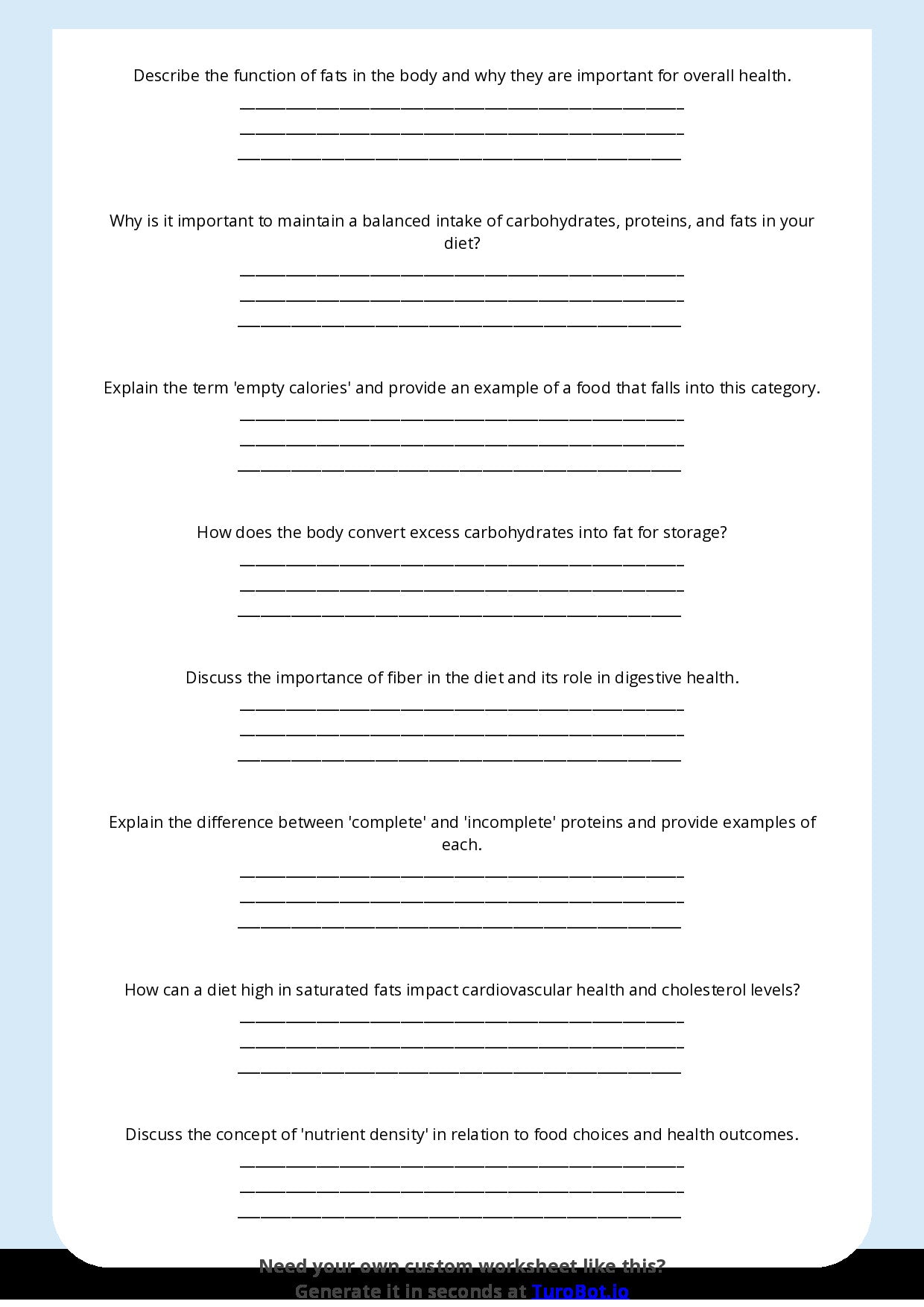 Free Worksheet - Year 8 Food Technology Understanding Macronutrients and Their Functions Short Answer Response