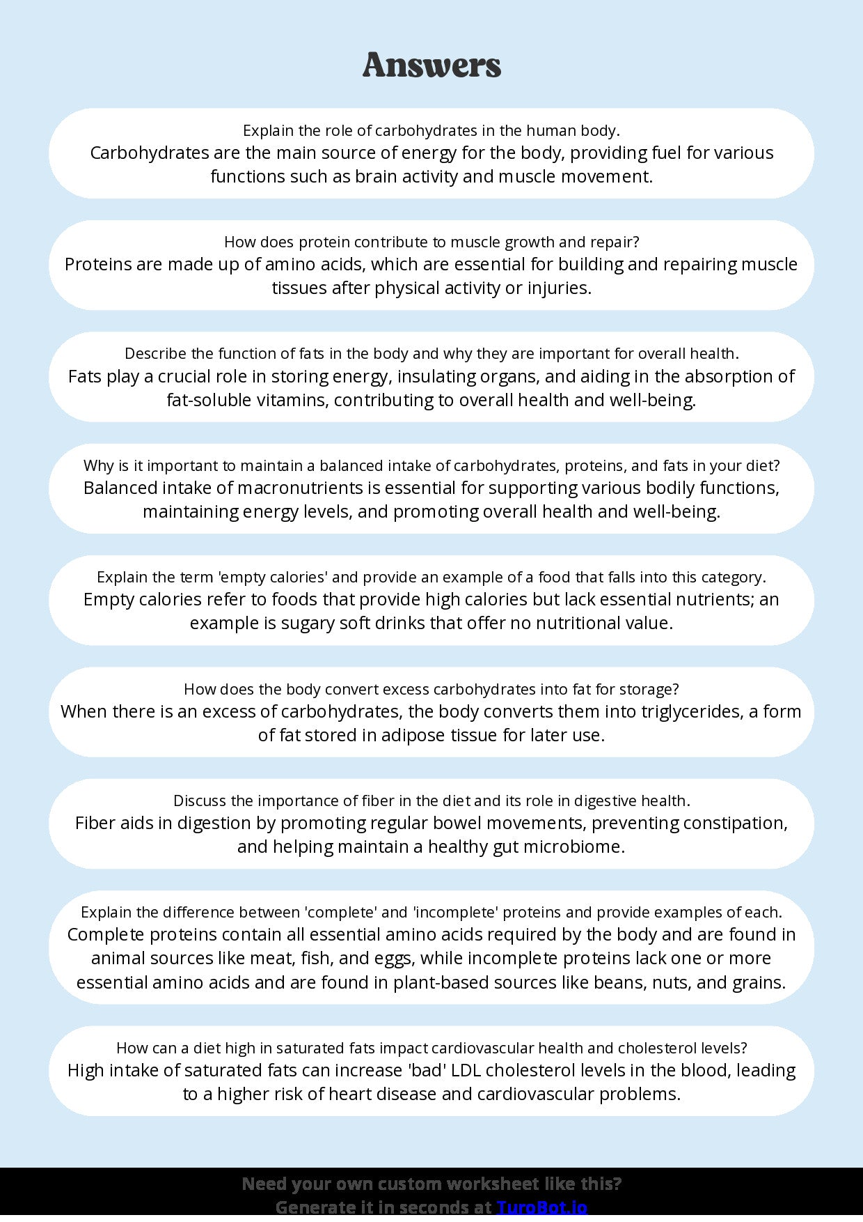 Free Worksheet - Year 8 Food Technology Understanding Macronutrients and Their Functions Short Answer Response