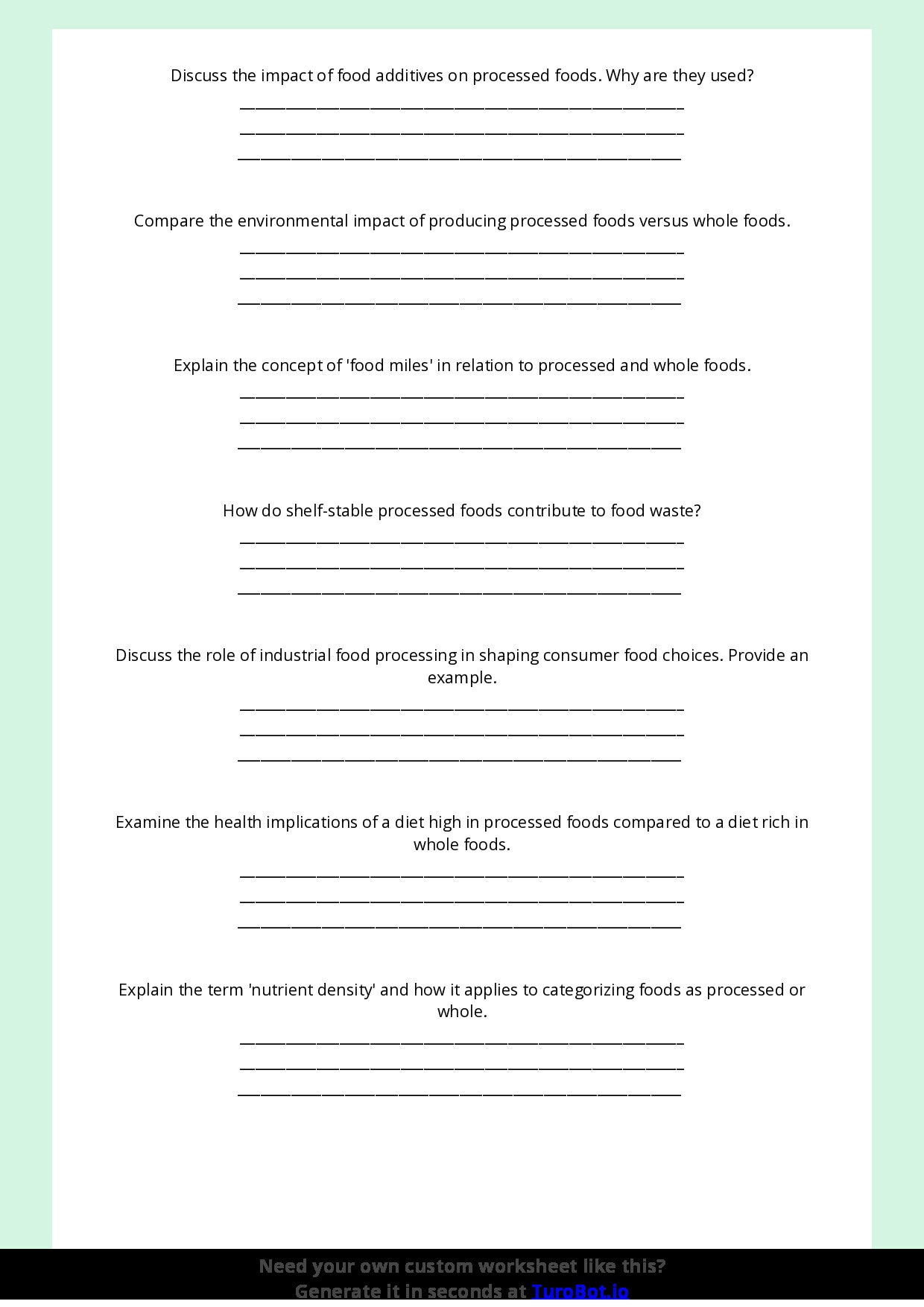 Free Worksheet - Year 9 Food Technology Comparing Processed and Whole Foods Short Answer Response