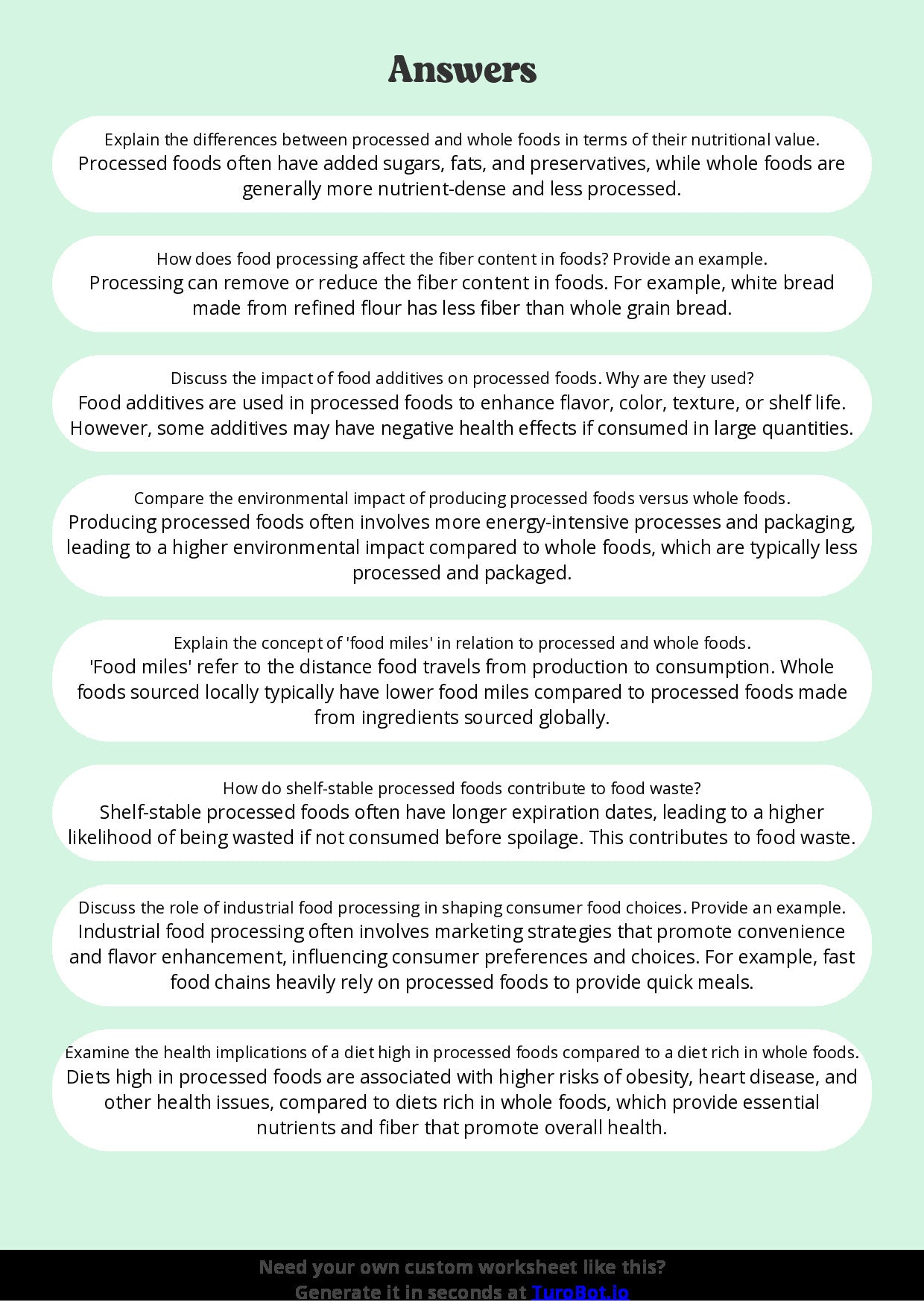 Free Worksheet - Year 9 Food Technology Comparing Processed and Whole Foods Short Answer Response