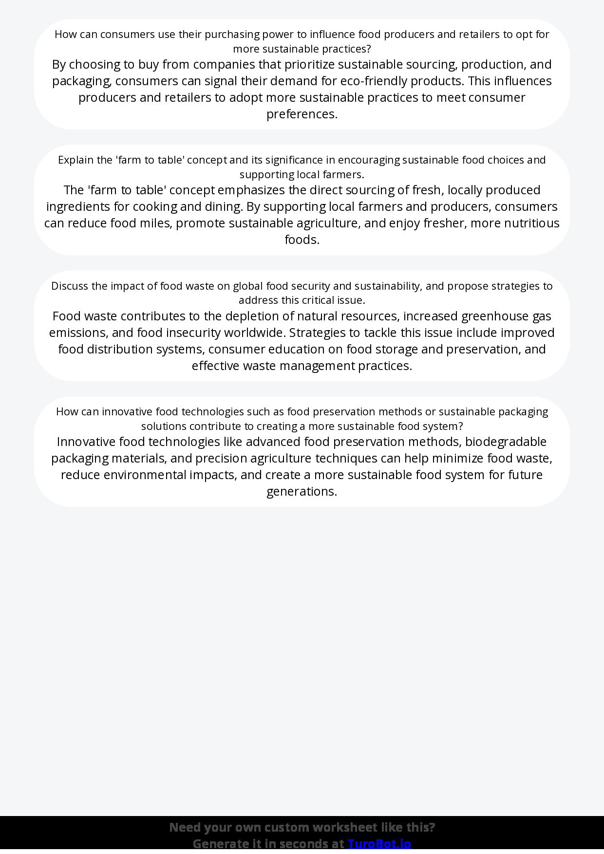 Free Worksheet - Year 9 Food Technology Sustainable Food Choices and Reducing Waste Short Answer Response