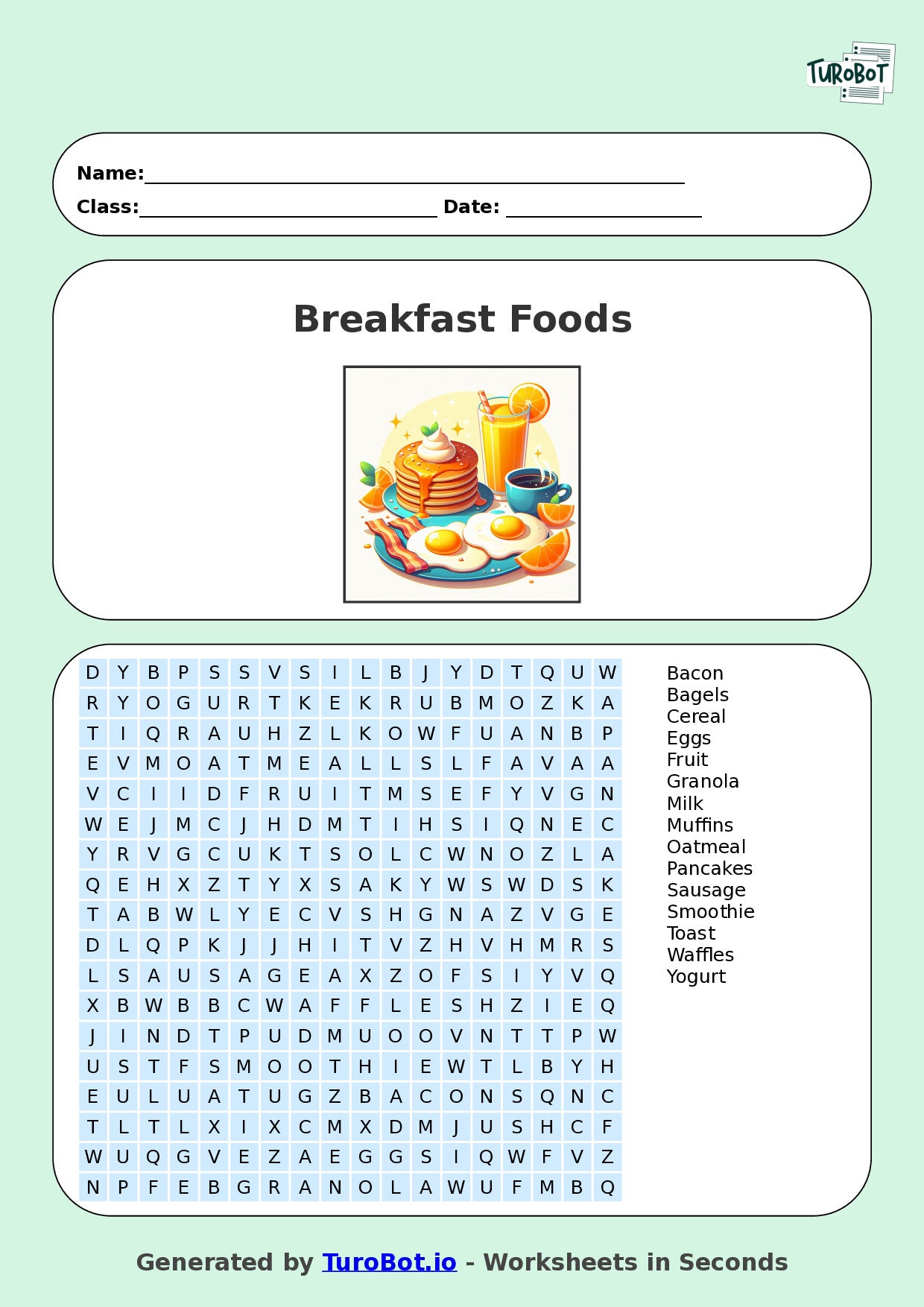 Food Tech - Year 4 - Find a Word - Breakfast Foods – Free Find a Word Worksheet