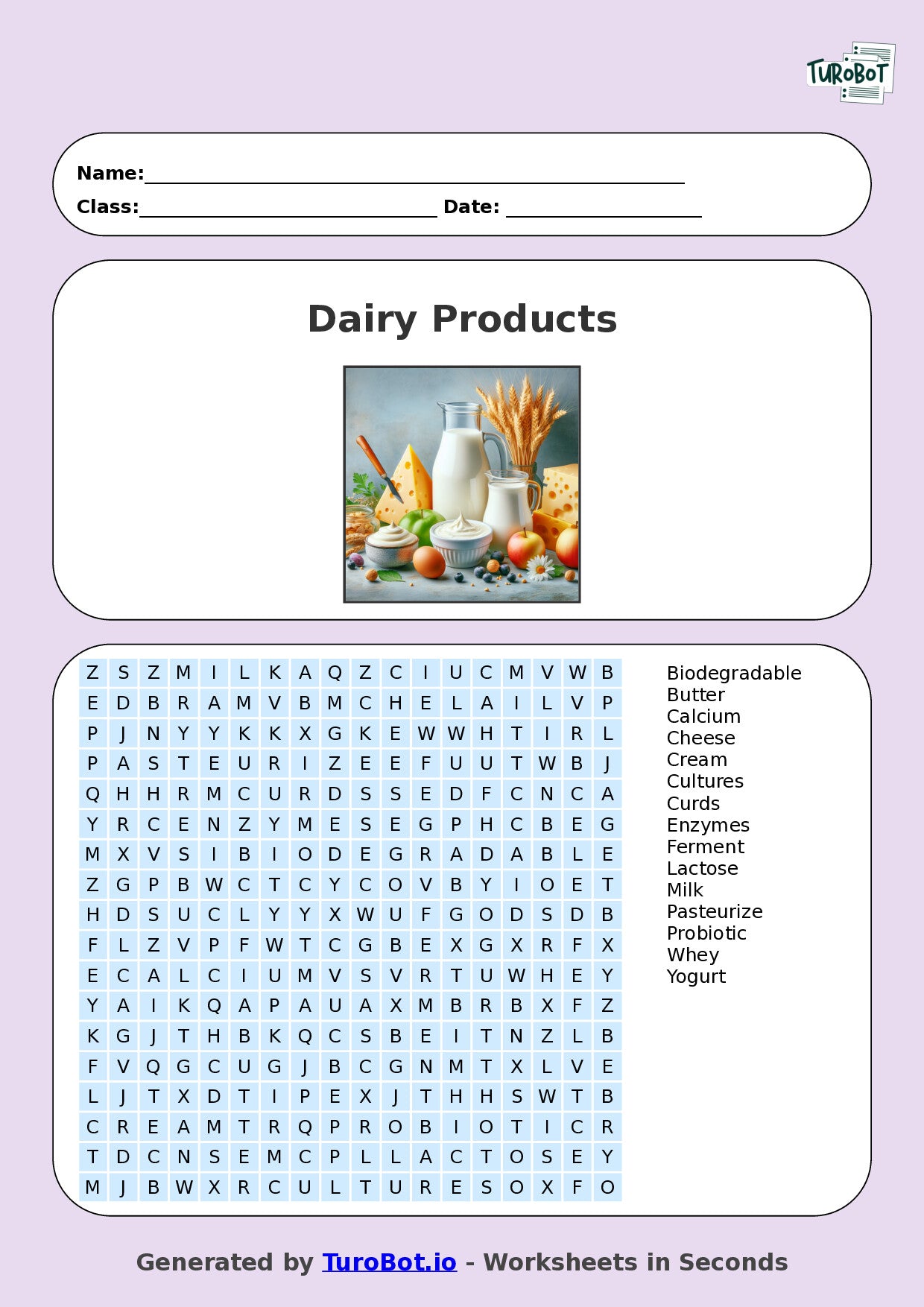 Food Tech - Year 4 - Find a Word - Dairy Products – Free Find a Word Worksheet