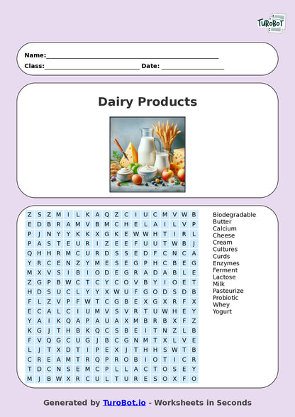 Food Tech - Year 4 - Find a Word - Dairy Products – Free Find a Word Worksheet