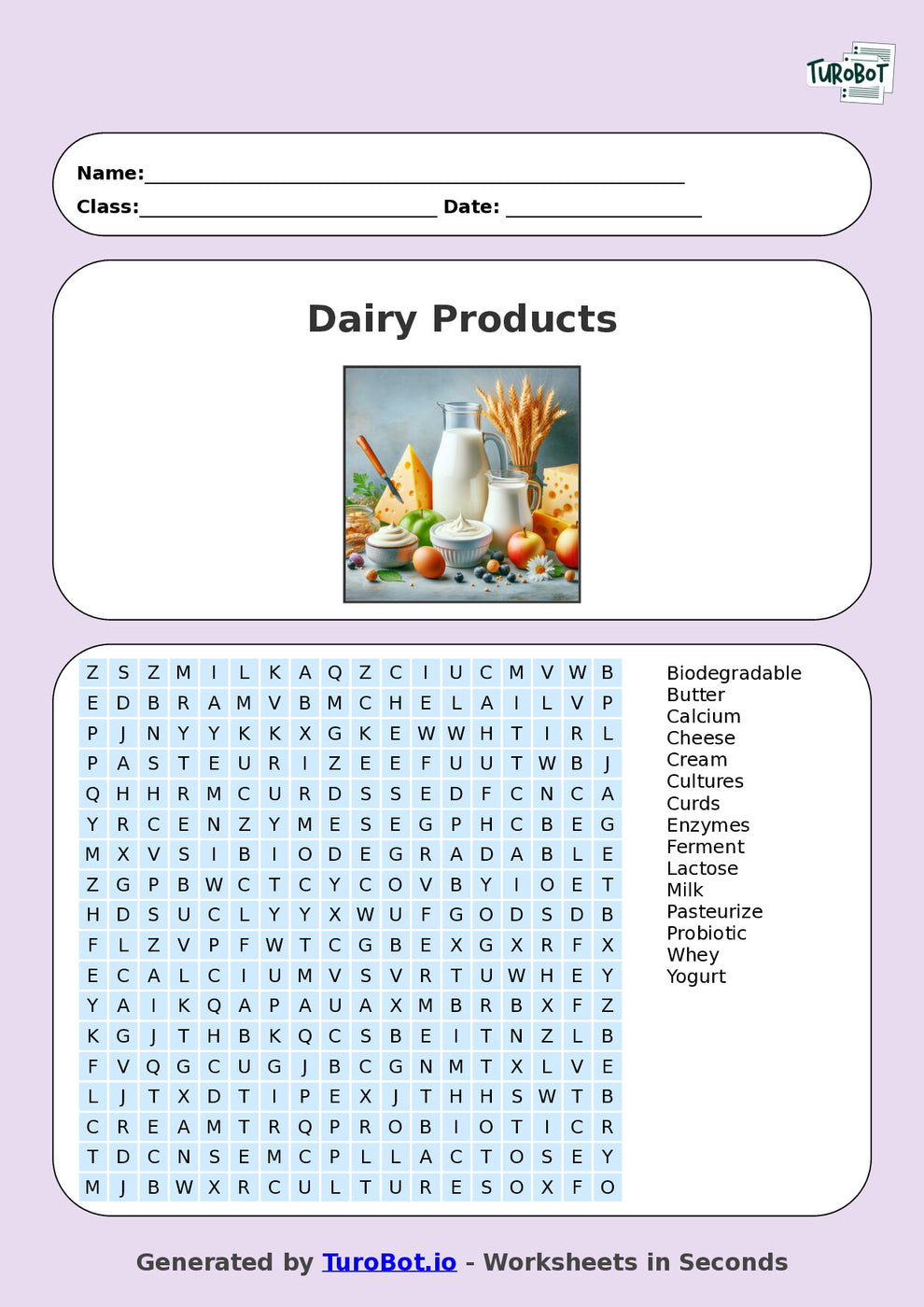 Free Year 4 Food Tech Find A Word Worksheet – Dairy Products | TuroBot ...