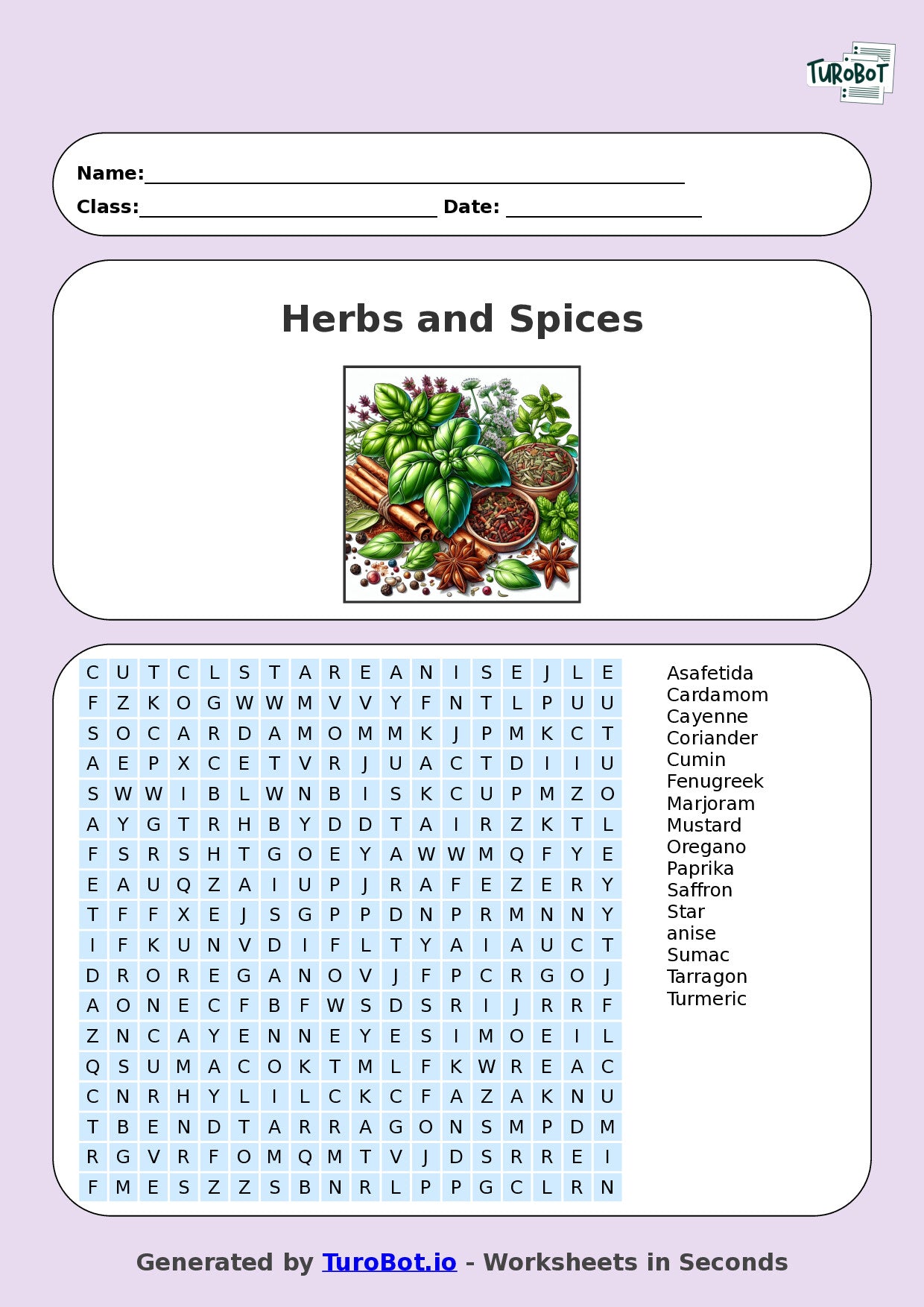Food Tech - Year 6 - Find a Word - Herbs and Spices – Free Find a Word Worksheet