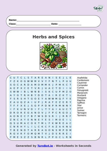 Food Tech - Year 6 - Find a Word - Herbs and Spices – Free Find a Word Worksheet