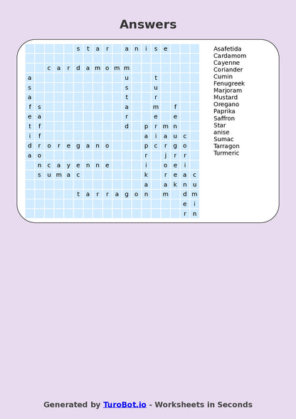 Food Tech - Year 6 - Find a Word - Herbs and Spices – Free Find a Word Worksheet