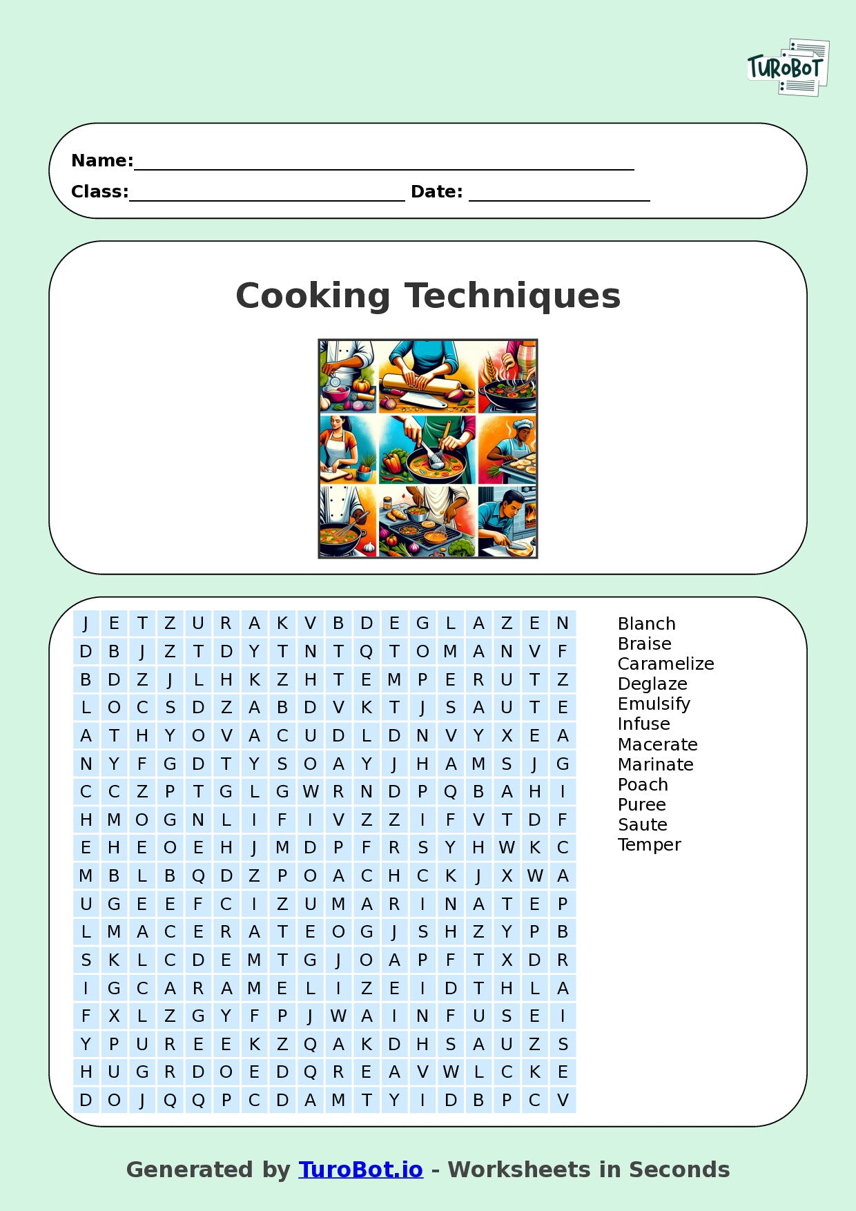 Food Tech - Year 7 - Find a Word - Cooking Techniques – Free Find a Word Worksheet