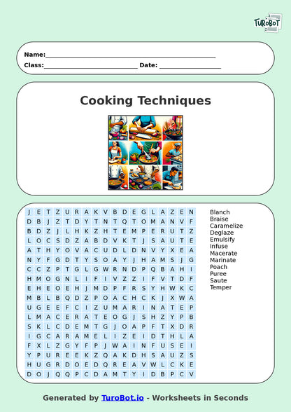 Food Tech - Year 7 - Find a Word - Cooking Techniques – Free Find a Word Worksheet