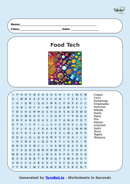 Food Tech - Year 7 - Find a Word - International Cuisines – Free Find a Word Worksheet
