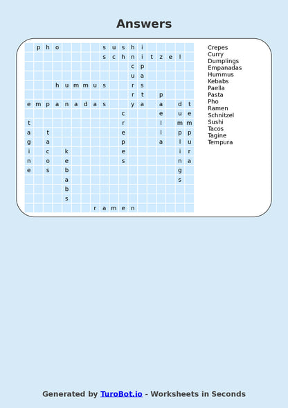 Food Tech - Year 7 - Find a Word - International Cuisines – Free Find a Word Worksheet