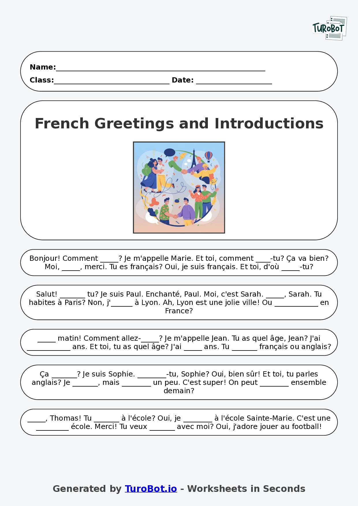 Year 5 French Fill in the Blanks Worksheet – Basic French Greetings and Introductions