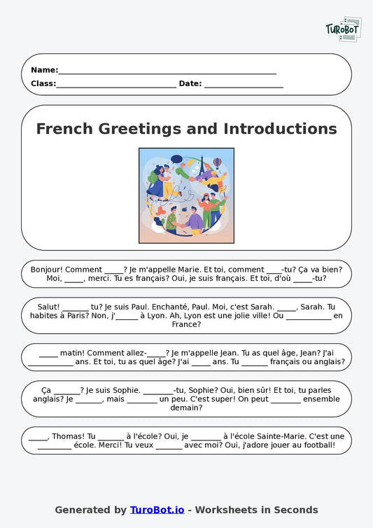 Year 5 French Fill in the Blanks Worksheet – Basic French Greetings and Introductions