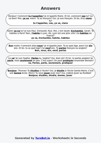 Year 5 French Fill in the Blanks Worksheet – Basic French Greetings and Introductions