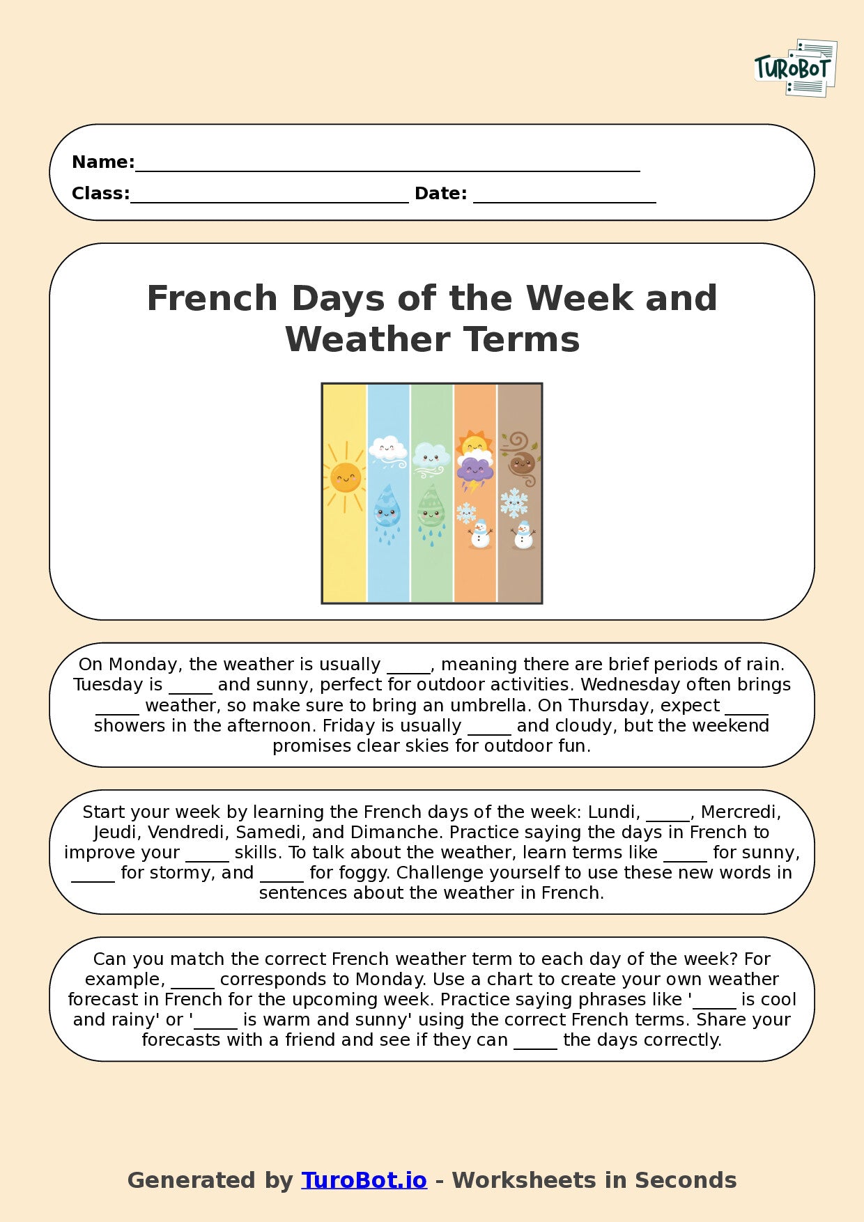 Year 7 French Fill in the Blanks Worksheet – French Days of the Week and Weather Terms