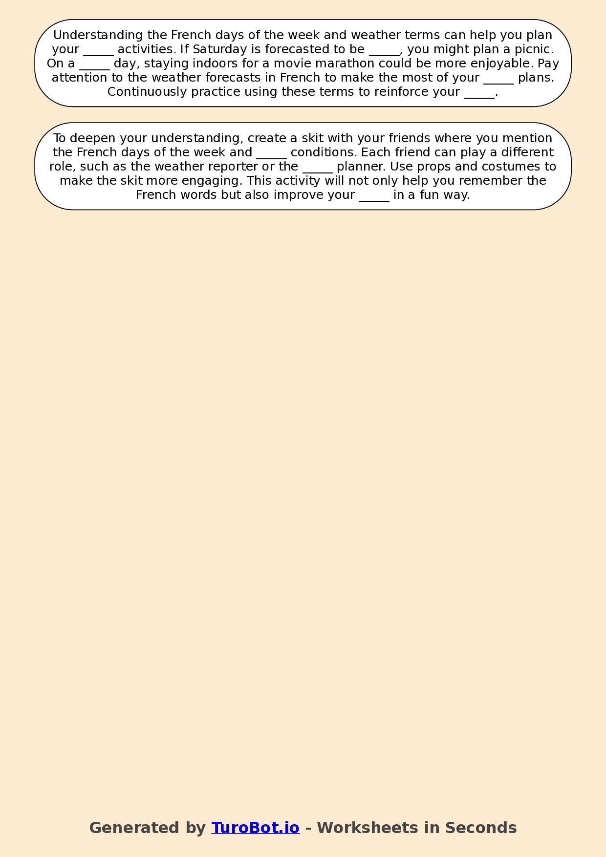 Year 7 French Fill in the Blanks Worksheet – French Days of the Week and Weather Terms