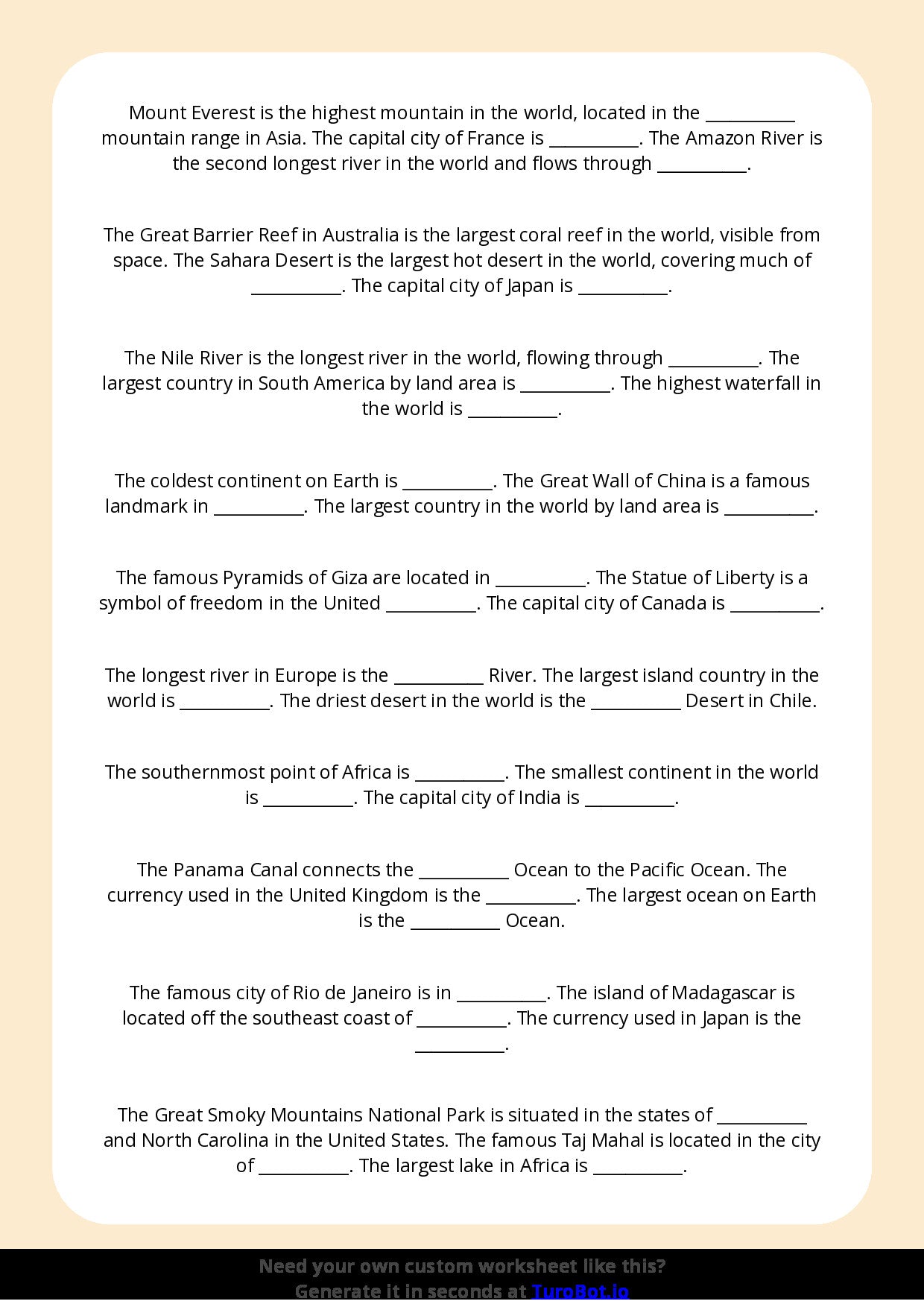 Free Worksheet - Year 2 General Knowledge Simple World Geography Facts Multiple Choice
