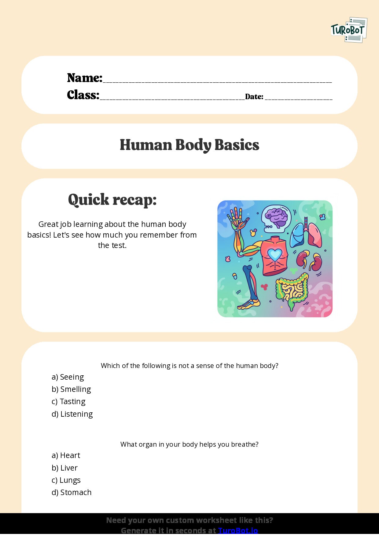 Free Worksheet - Year 4 General Knowledge Human Body Basics Multiple Choice