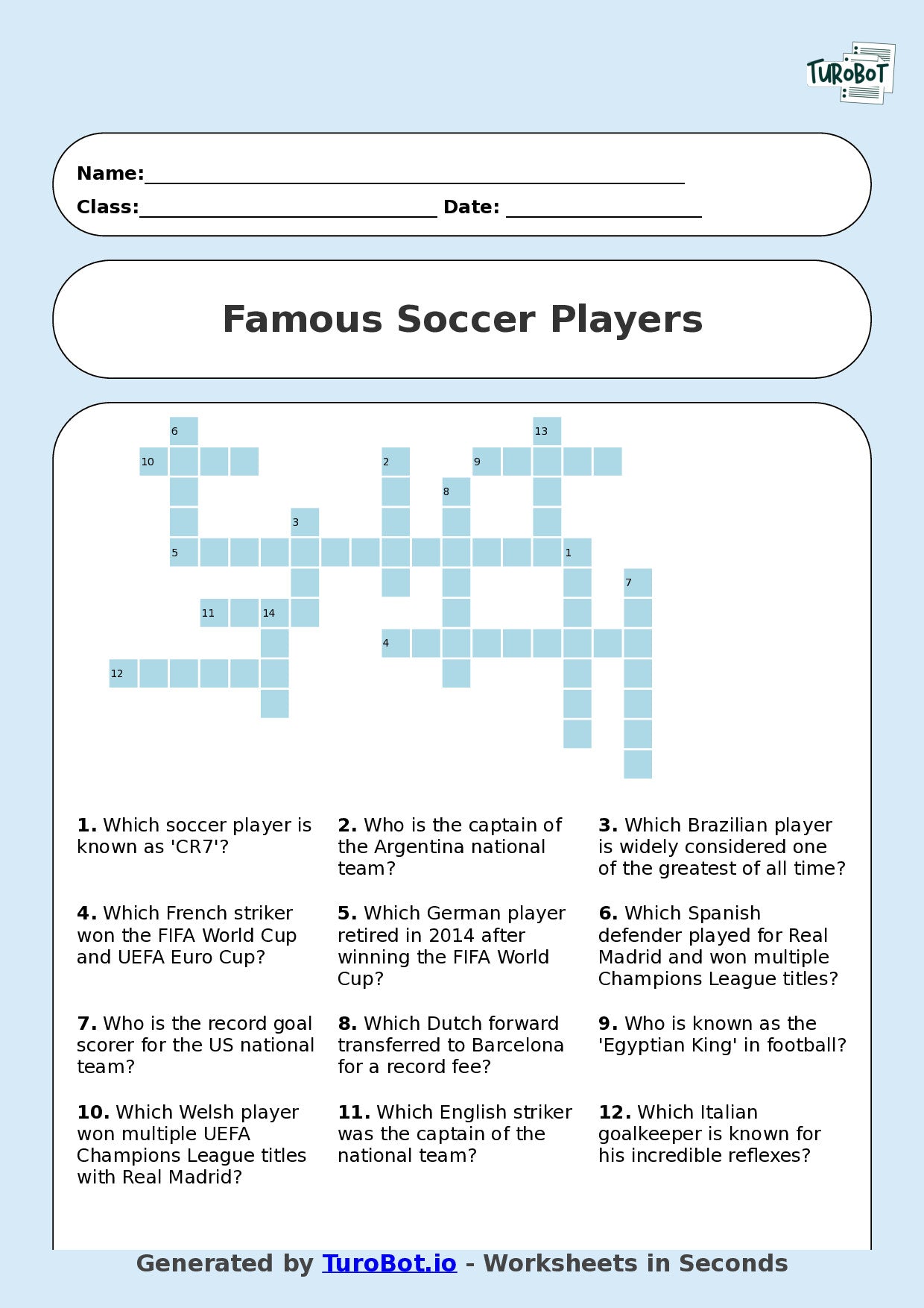 Year 5 General Knowledge Crossword Worksheet – Names of Famous Soccer Players